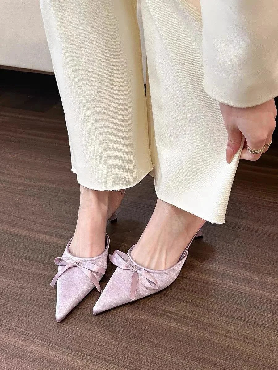 Silk Butterfly Knot Pointed Toe Pumps Stripper Mules Shoes - Glova