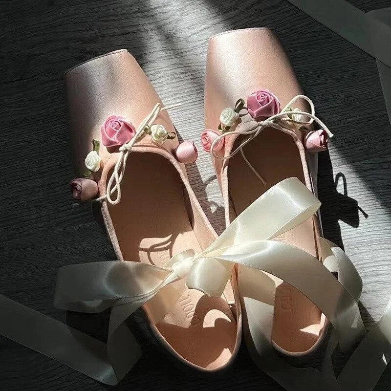 Silk Lace up Round Toe Bowtie Flats Ballet Shoes - Glova