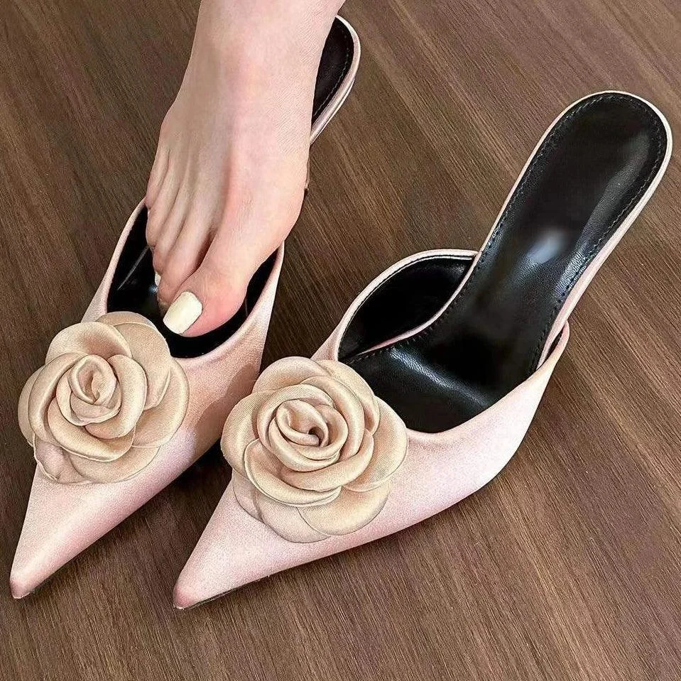 Silk Medium Heel Pointed Tug Rose Women's Sandal Shoes - Glova