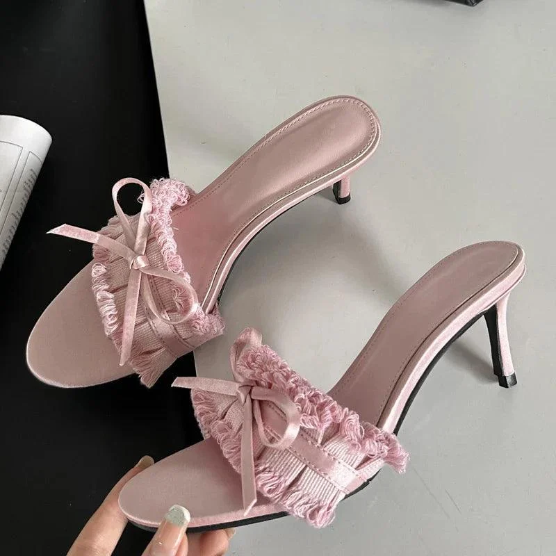 Silk Pleated Butterfly-knot Thin Heels Ladies Slides Shoes - Glova