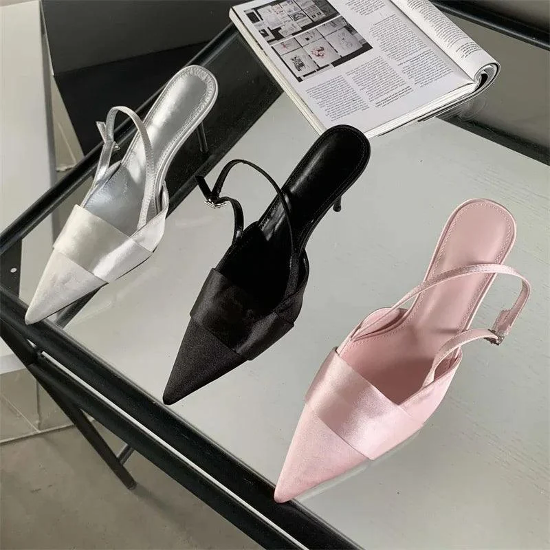 Silk Pointed Toe Buckle Strap Pumps Thin High Heels Shoes - Glova