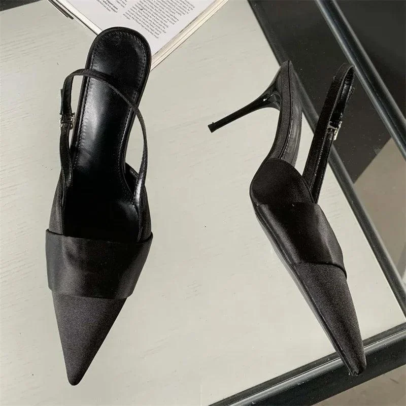 Silk Pointed Toe Buckle Strap Pumps Thin High Heels Shoes - Glova