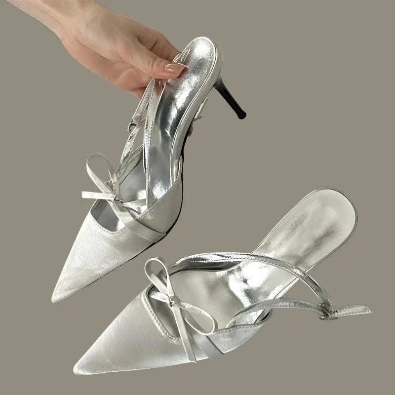 Silk Pointed Toe Pumps Stripper Belt Buckle Thin Heels Shoes - Glova