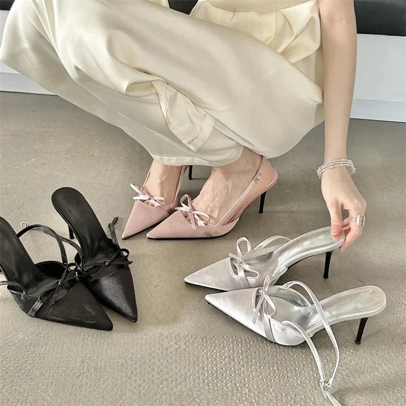 Silk Pointed Toe Pumps Stripper Belt Buckle Thin Heels Shoes - Glova