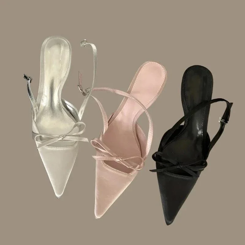 Silk Pointed Toe Pumps Stripper Belt Buckle Thin Heels Shoes - Glova