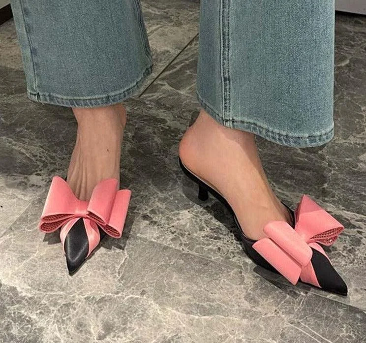 Silk Satin Pointed Toe Butterfly-knot Low High Pump Shoes - Glova