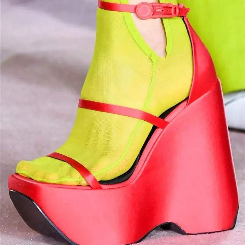 Silk Upper Escarpines Thick Sole High Wedge Platform Heels for Women - Glova