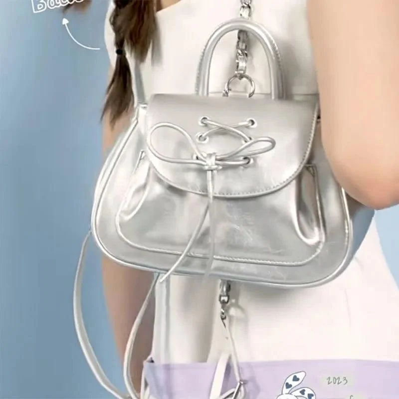 Silver College Style Vintage Small PU Leather Backpack - Glova