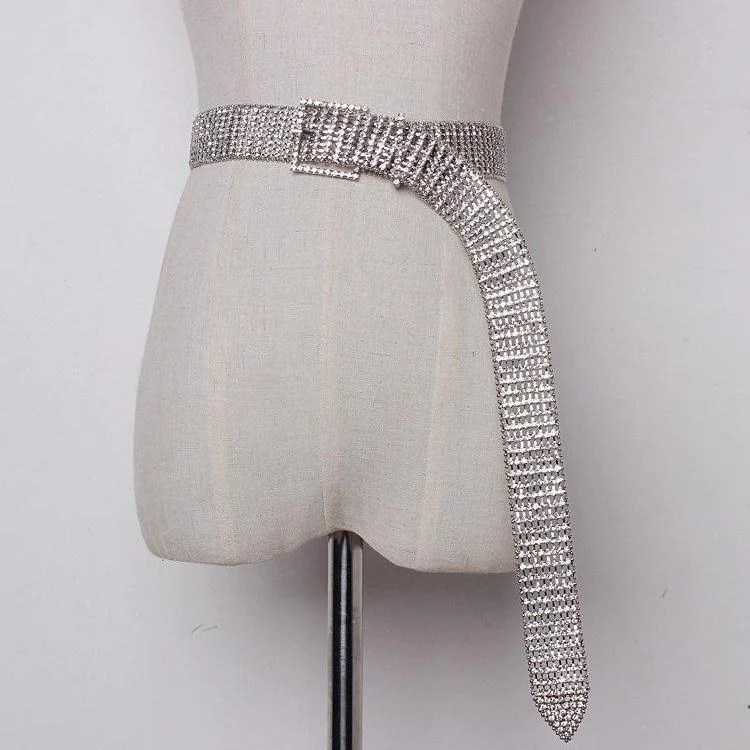 Silver Rhinestone Crystal Extra Long Belt - Glova