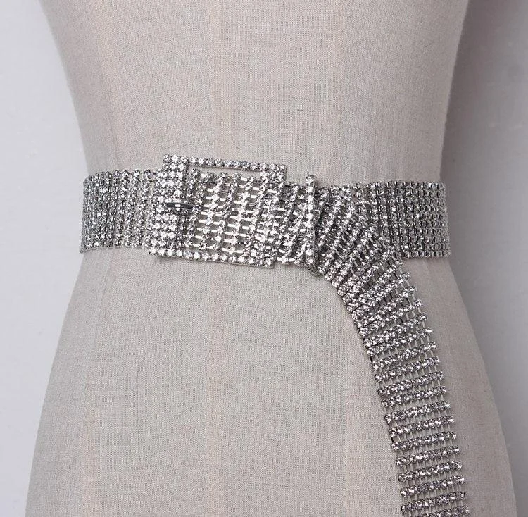 Silver Rhinestone Crystal Extra Long Belt - Glova