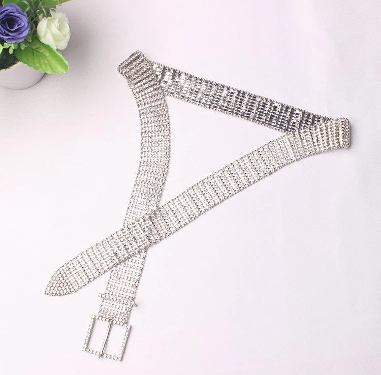 Silver Rhinestone Crystal Extra Long Belt - Glova