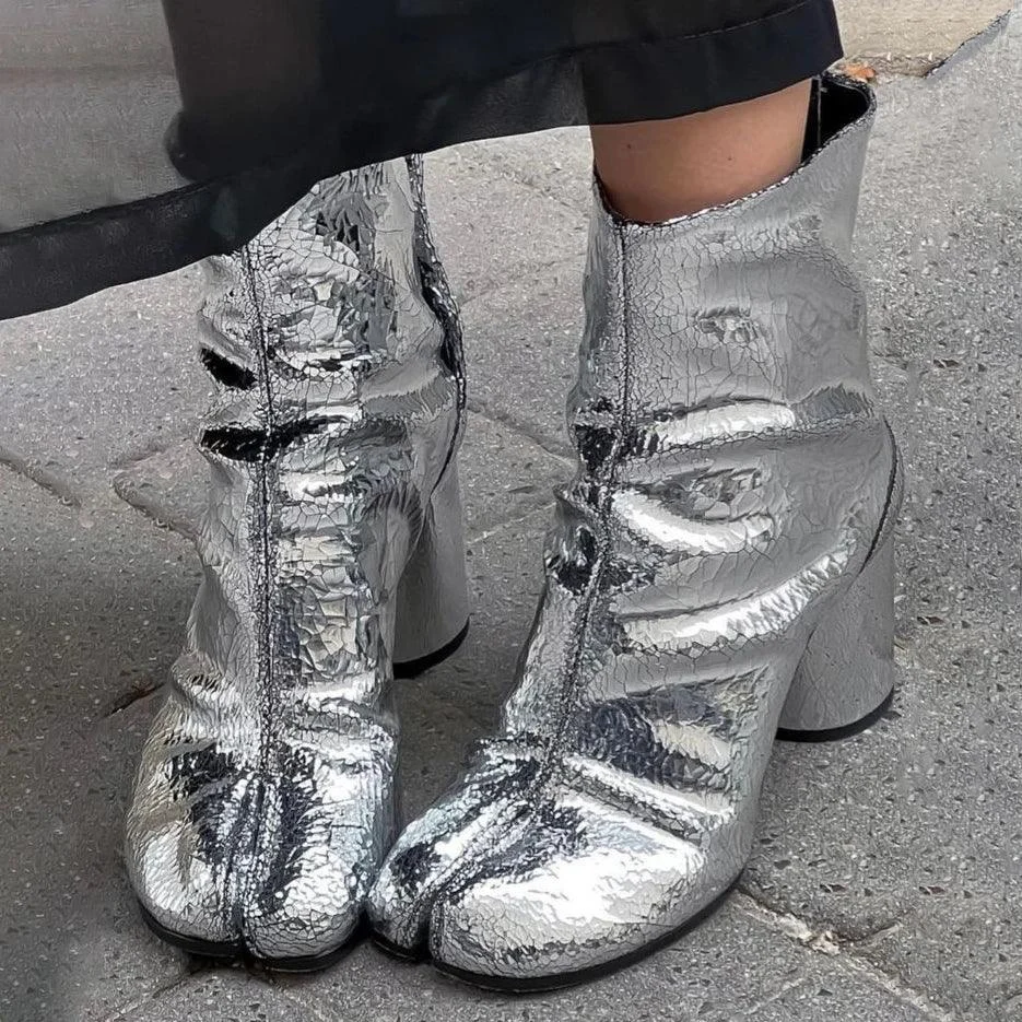 Silver Split Toe Tabi Shoes Leaher Chunky Heels Booties - Glova