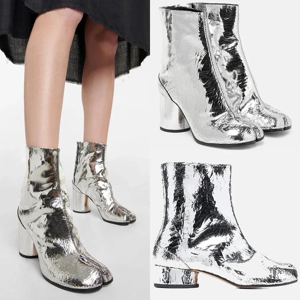 Silver Split Toe Tabi Shoes Leaher Chunky Heels Booties - Glova