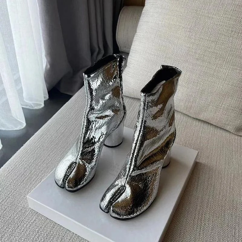 Silver Split Toe Tabi Shoes Leaher Chunky Heels Booties - Glova