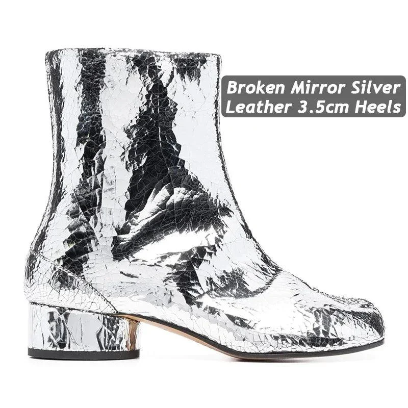 Silver Split Toe Tabi Shoes Leaher Chunky Heels Booties - Glova