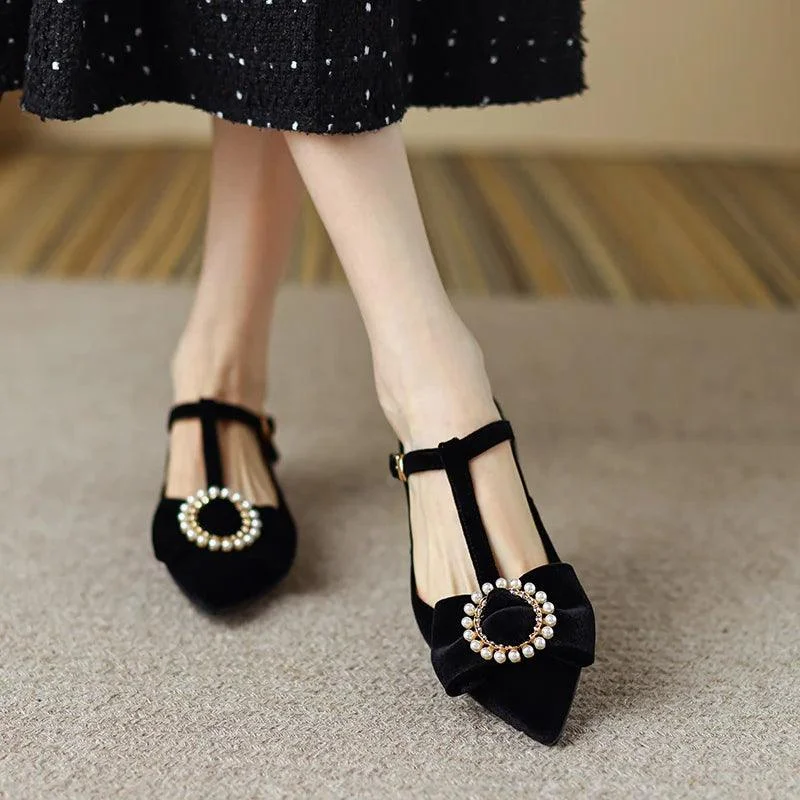 Sine Pearl Buckle Bow Velvet Mary Jane Flats - Glova