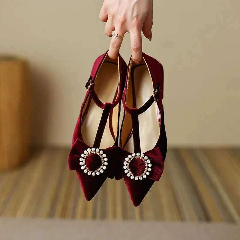 Sine Pearl Buckle Bow Velvet Mary Jane Flats - Glova