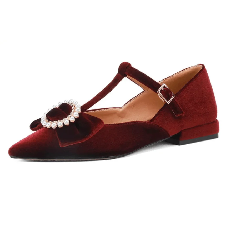 Sine Pearl Buckle Bow Velvet Mary Jane Flats - Glova