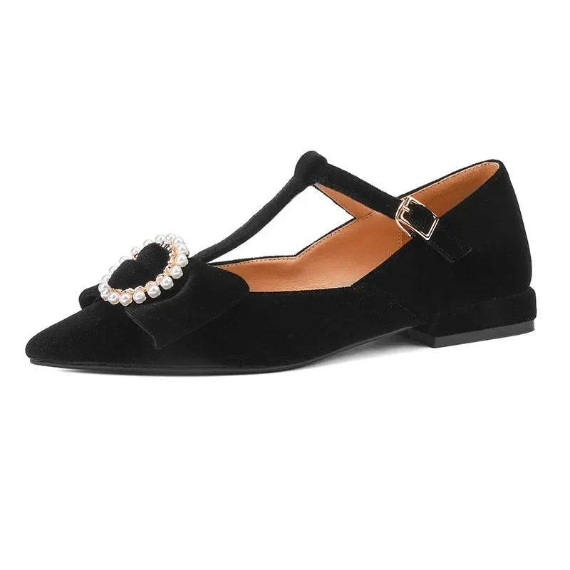 Sine Pearl Buckle Bow Velvet Mary Jane Flats - Glova