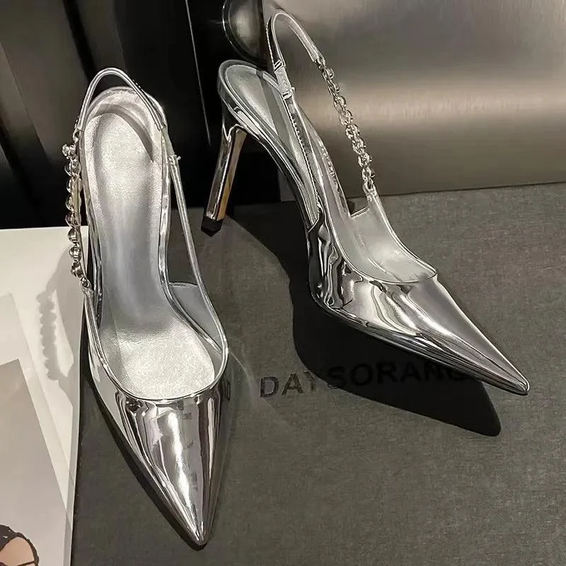 Slingback Metallic Crystal Pointy Toe Stiletto Heeled Shoes - Glova