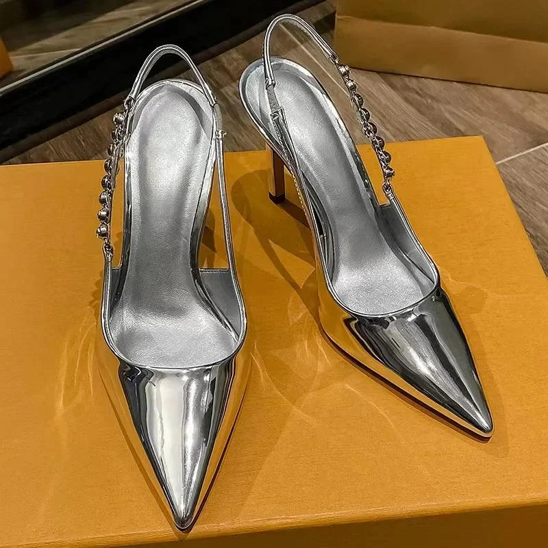 Slingback Metallic Crystal Pointy Toe Stiletto Heeled Shoes - Glova