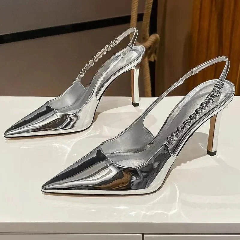 Slingback Metallic Crystal Pointy Toe Stiletto Heeled Shoes - Glova