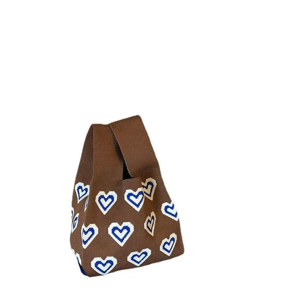 Small Tote Bag Cotton Knitted Heart Pattern - Glova