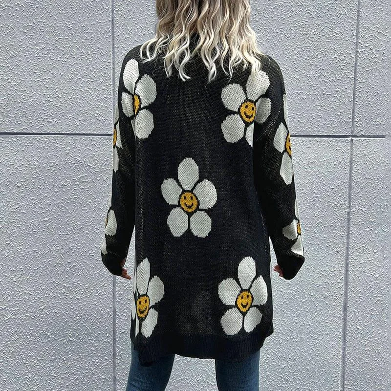 Smiley Flowers Graphic Cardigan - Glova