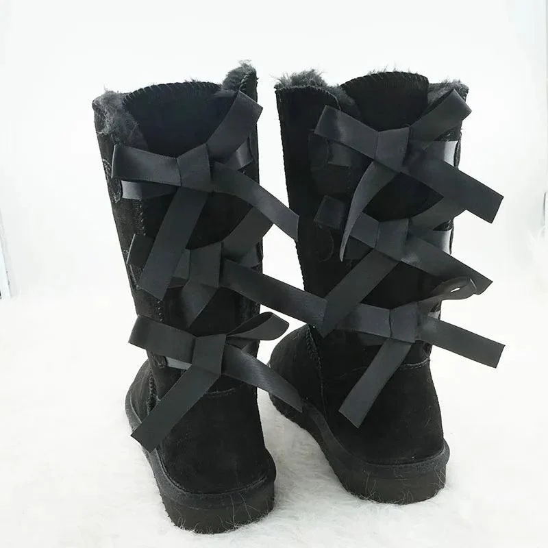 Snow Boots Bow Knots Thick Plush Inside Women's Shoes - Glova