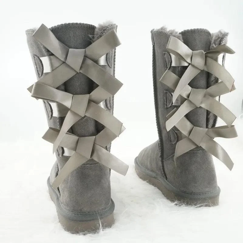 Snow Boots Bow Knots Thick Plush Inside Women's Shoes - Glova