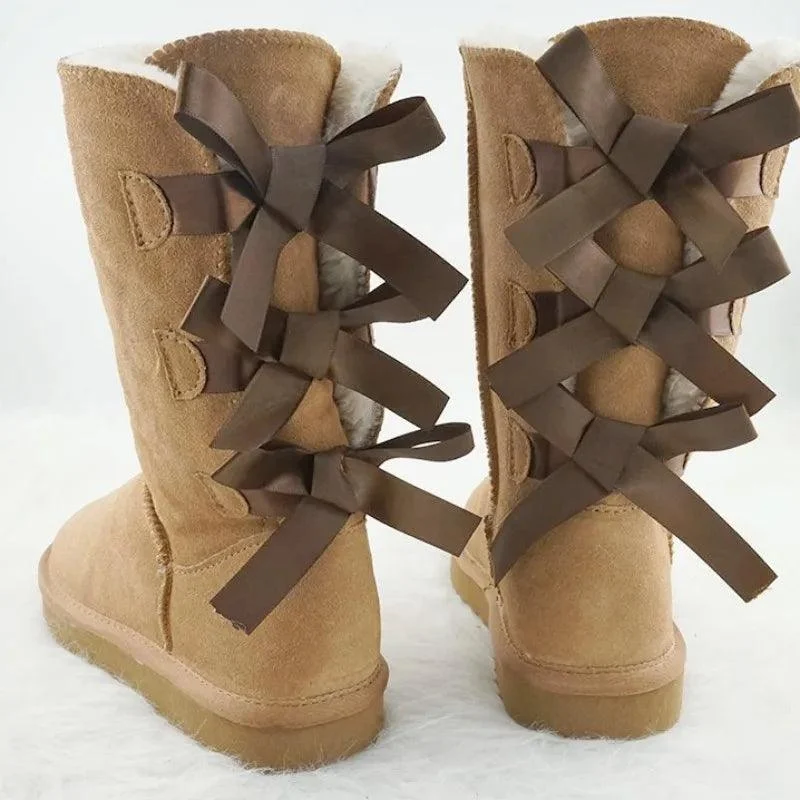 Snow Boots Bow Knots Thick Plush Inside Women's Shoes - Glova