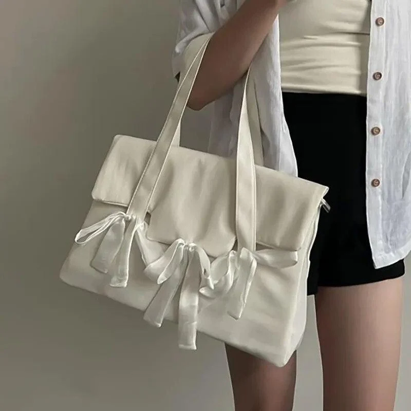 Solid Nylon Bow Square Zipper Hand Bag - Glova