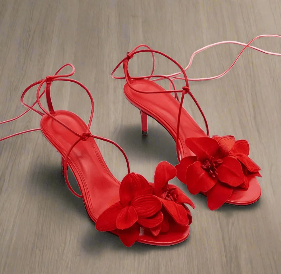 Solid Red Flowers Lace Up Unique Cross Tied Stiletto Heel Shoes - Glova