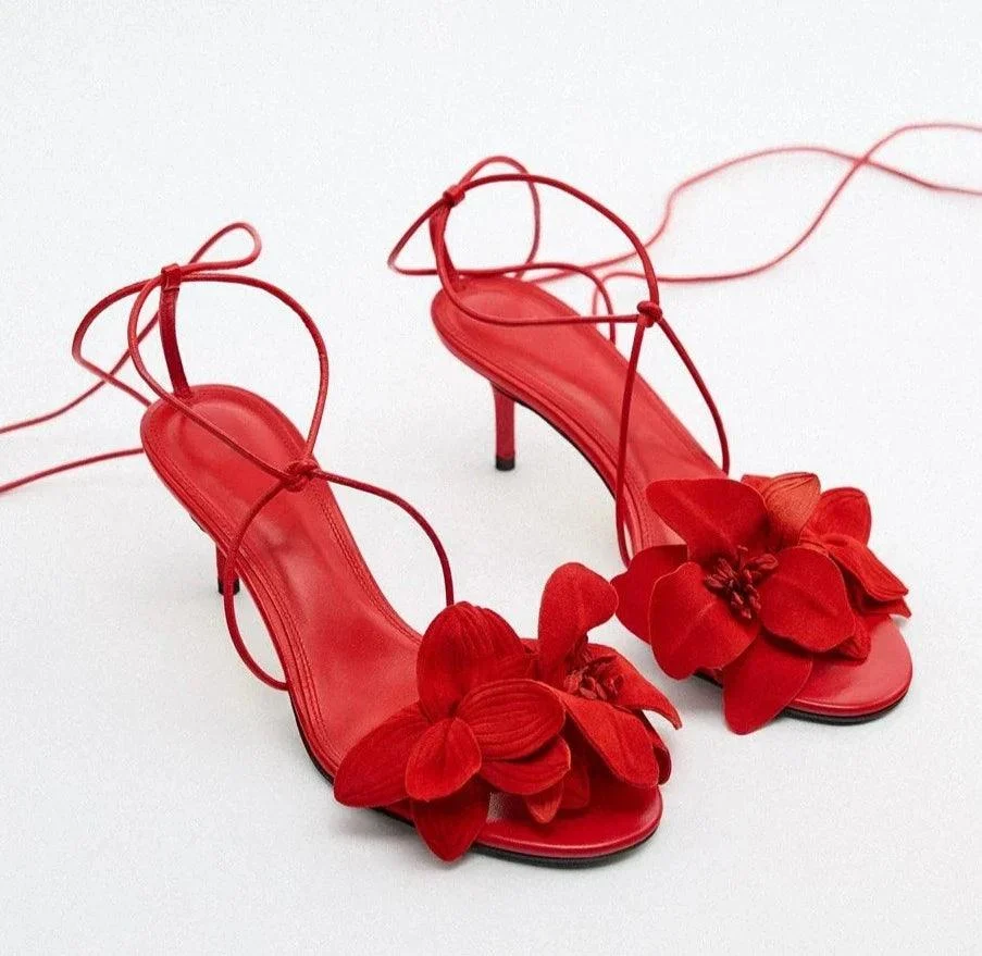 Solid Red Flowers Lace Up Unique Cross Tied Stiletto Heel Shoes - Glova