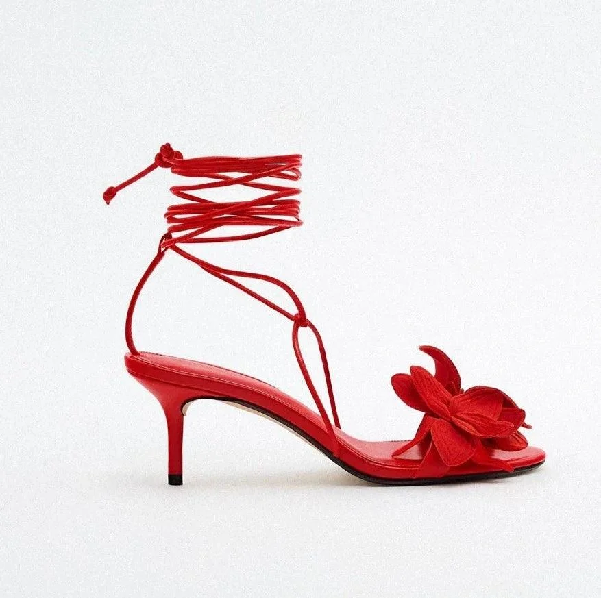 Solid Red Flowers Lace Up Unique Cross Tied Stiletto Heel Shoes - Glova