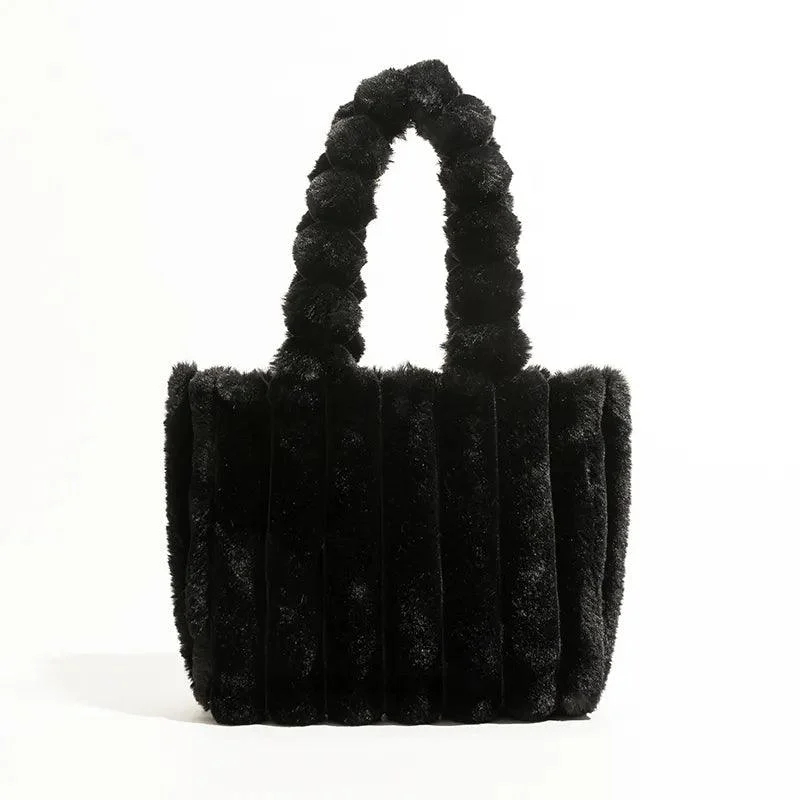 Solid Soft Faux Fur Tote Pleated Underarm Shoulder Bag - Glova