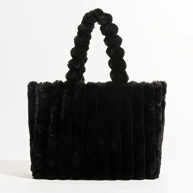 Solid Soft Faux Fur Tote Pleated Underarm Shoulder Bag - Glova