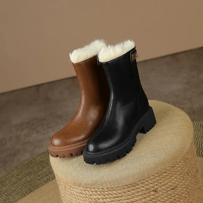 Split Leather Snow Boots 22-24.5cm Back Zip Woolen Boots - Glova