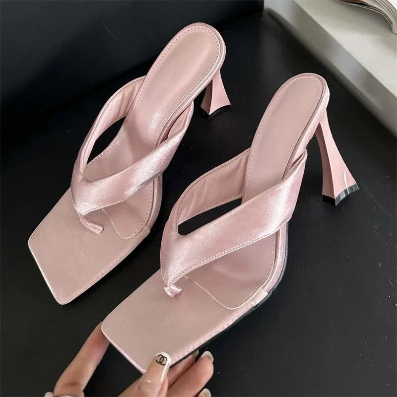 Square Clip Toe Low Heels Casual Slides Flip Flops Ladies Shoes - Glova