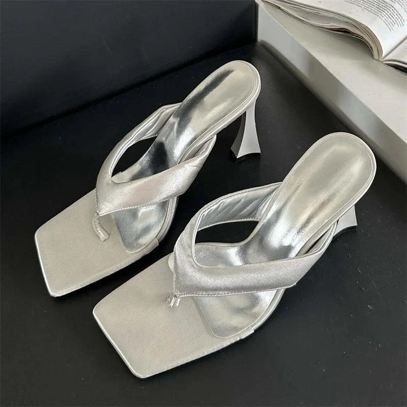 Square Clip Toe Low Heels Casual Slides Flip Flops Ladies Shoes - Glova