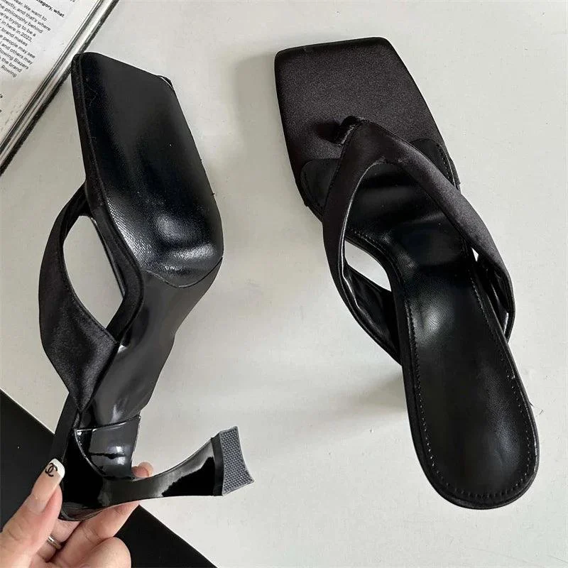 Square Clip Toe Low Heels Casual Slides Flip Flops Ladies Shoes - Glova