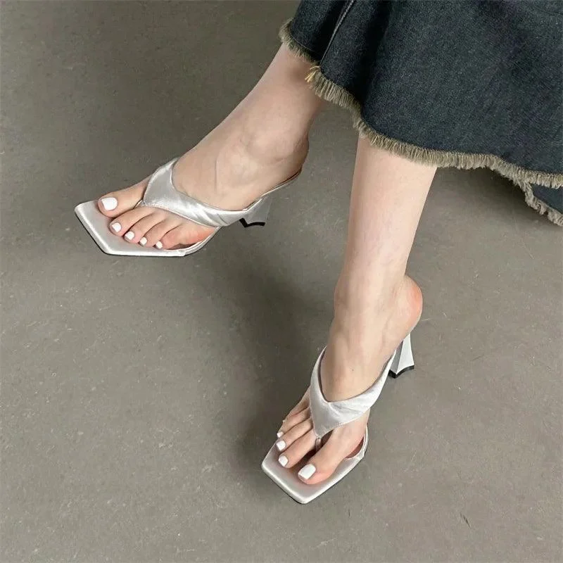 Square Clip Toe Low Heels Casual Slides Flip Flops Ladies Shoes - Glova