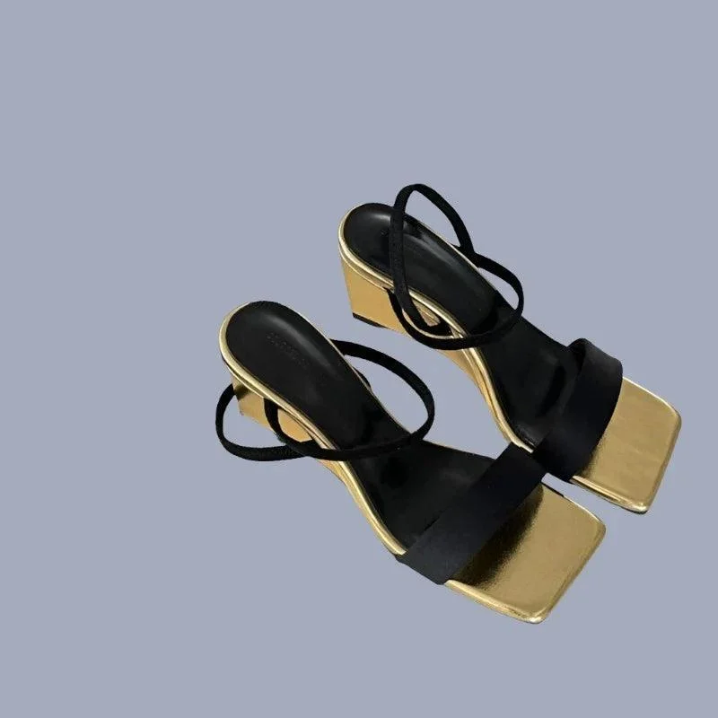 Square Toe Open-toe Chunky Heel Wedge Platform Sandals - Glova