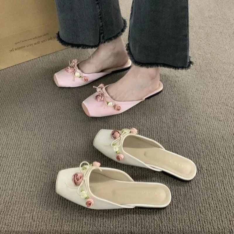 Square Toe Silk Flower Flat Slip on Low Heel Shoes - Glova