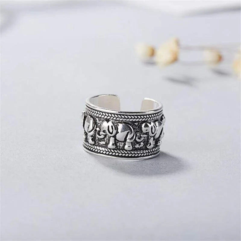 Sterling Silver Ethnic Elephant Design Ring - Glova