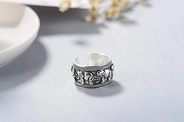 Sterling Silver Ethnic Elephant Design Ring - Glova