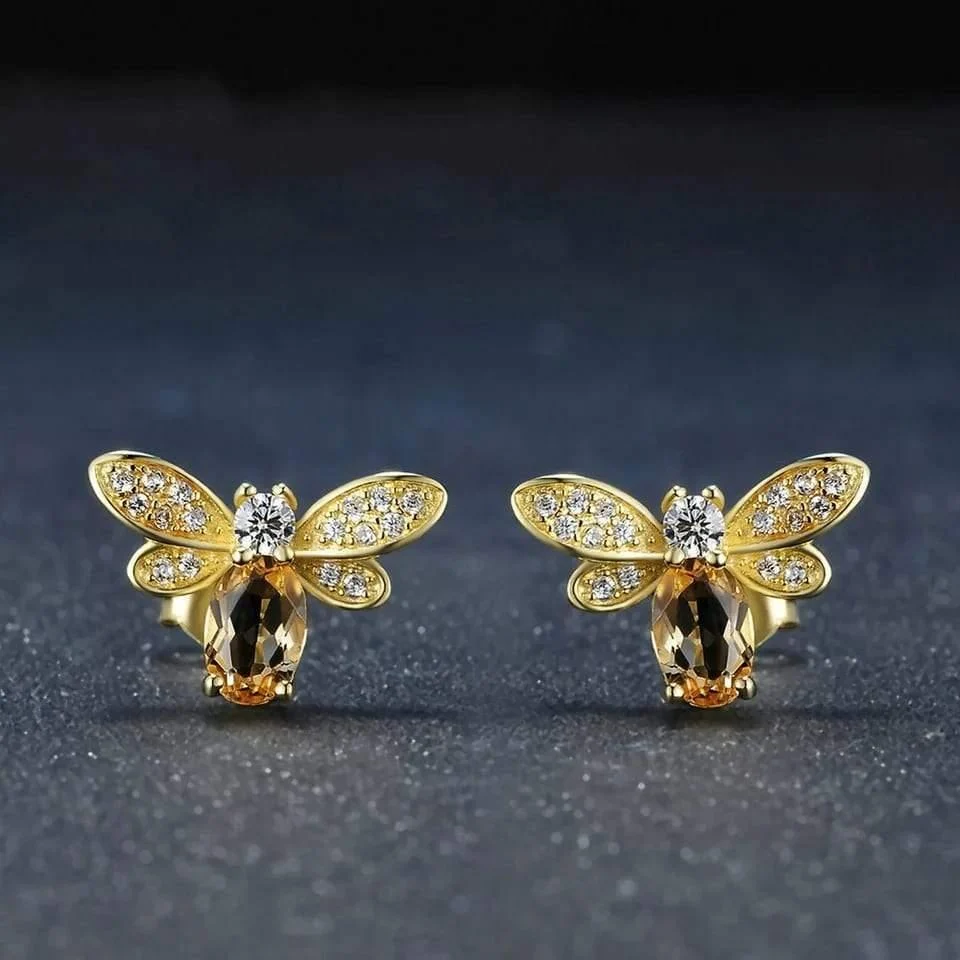 Sterling Silver Natural Citrine Bee Earrings - Glova