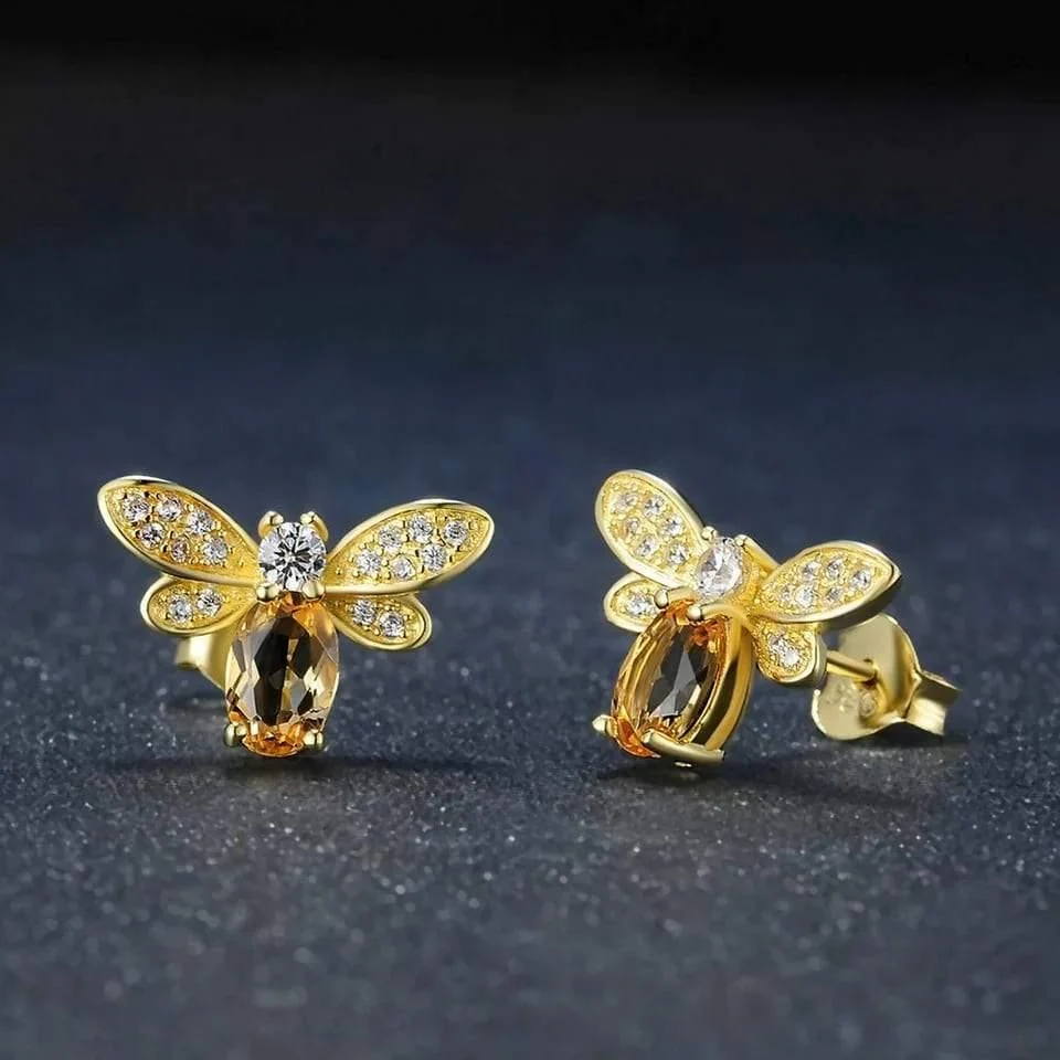 Sterling Silver Natural Citrine Bee Earrings - Glova