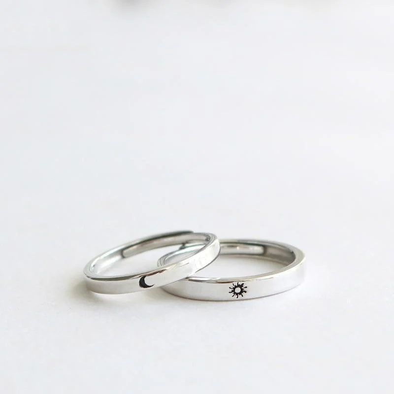 Sterling Silver Sun and Moon Engraved Rings 2pcs - Glova