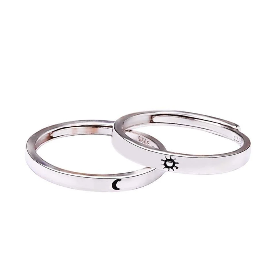 Sterling Silver Sun and Moon Engraved Rings 2pcs - Glova